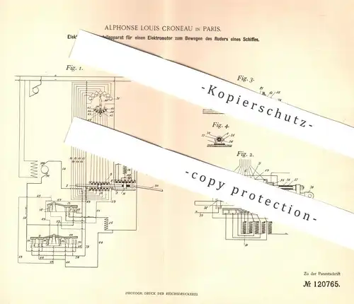 original Patent - Alphonse Louis Croneau , Paris , Frankreich 1899 , Elektromotor für Schiffe mit Ruder | Schiff - Motor