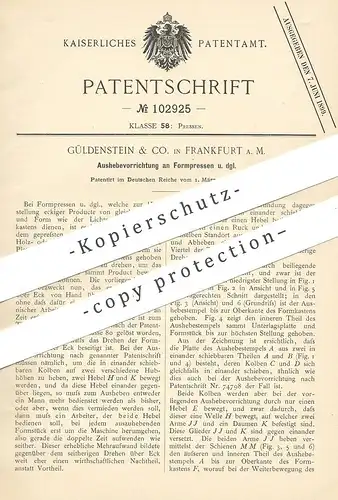 original Patent - Güldenstein & Co. , Frankfurt / Main , 1898 , Aushebevorrichtung an Formpresse | Form Presse | Pressen