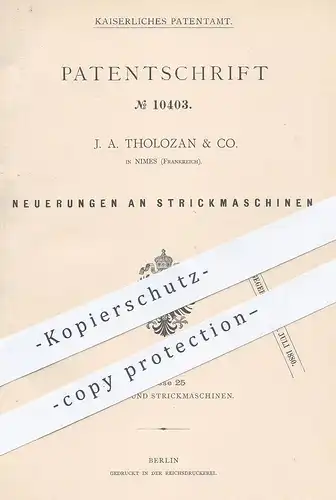 original Patent - J. A. Tholozan & Co. , Nimes , Frankreich , 1879 , Strickmaschine | Stricken | Wolle | Lamb !!