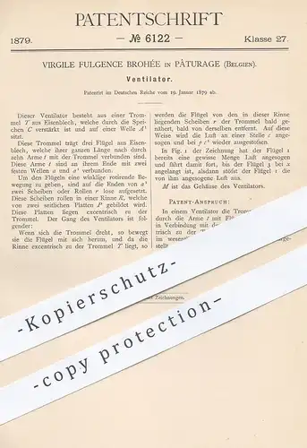 original Patent - Virgile Fulgence Brohée , Pâturage , Belgien , 1879 , Ventilator | Gebläse , Lüfter , Lüftung , Luft