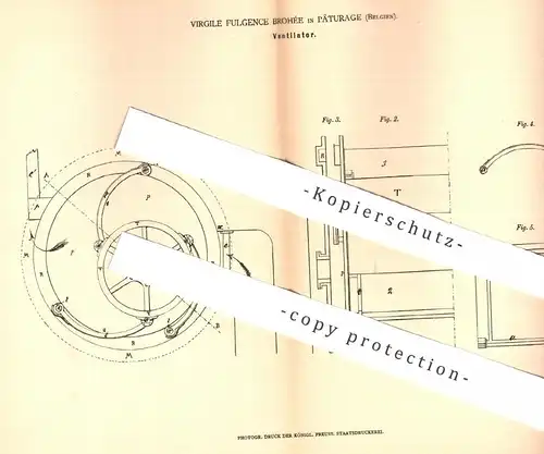 original Patent - Virgile Fulgence Brohée , Pâturage , Belgien , 1879 , Ventilator | Gebläse , Lüfter , Lüftung , Luft