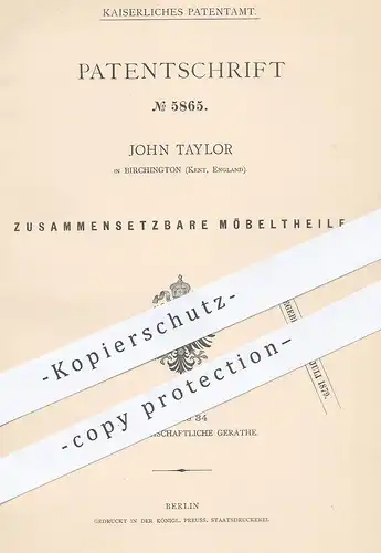 original Patent - John Taylor , Birchington , Kent , England  1878 , Zusammensetzbare Möbel | Schrank , Regal , Tischler
