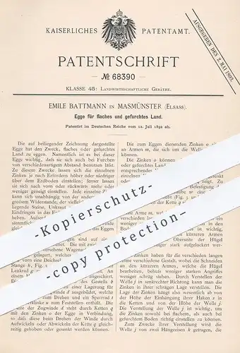 original Patent - Emile Battmann , Masmünster , Elsass 1892 , Egge | Eggen , Landwirt , Bauer , Pflug , Zugwinde , Winde