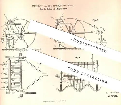 original Patent - Emile Battmann , Masmünster , Elsass 1892 , Egge | Eggen , Landwirt , Bauer , Pflug , Zugwinde , Winde