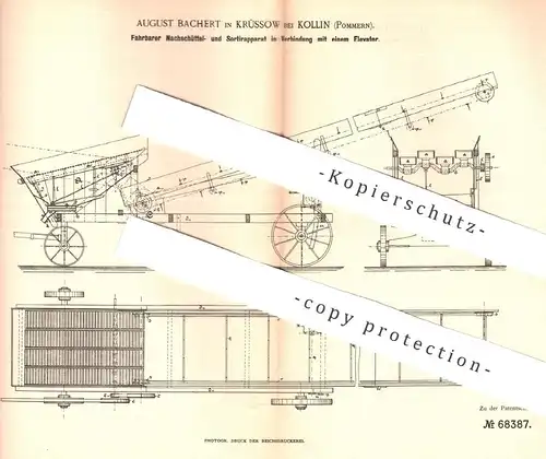 original Patent - August Bachert , Krüssow / Kollin , Pommern , 1892 , Sortierappart für Stroh , Getreide | Elevator !!