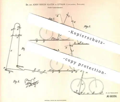 original Patent - Dr. Jur. John Sisson Slater , Lytham , Lancashire , England , 1892 , Fahrradständer | Fahrrad  Ständer