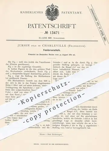 original Patent - Jurion fils in Charleville , Frankreich , 1880 , Fensterverschluss | Fenster - Schloss | Fensterbauer