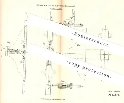 original Patent - Jurion fils in Charleville , Frankreich , 1880 , Fensterverschluss | Fenster - Schloss | Fensterbauer