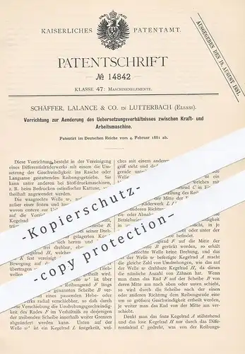 original Patent - Schäffer , Lalance & Co. , Lutterbach / Elsass 1881 , Übersetzung zw. Kraft- & Arbeitsmaschine | Motor