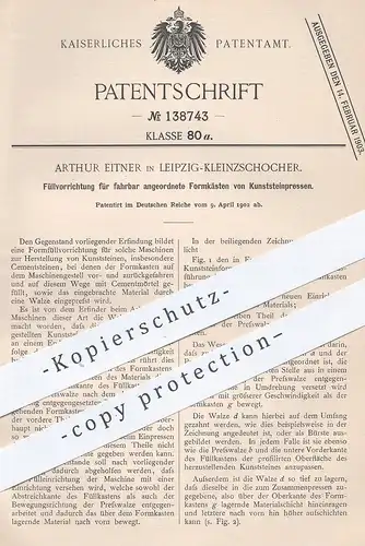 original Patent - Arthur Eitner , Leipzig / Kleinzschocher 1902 , Befüllen der Formkästen von Kunststeinpressen | Presse