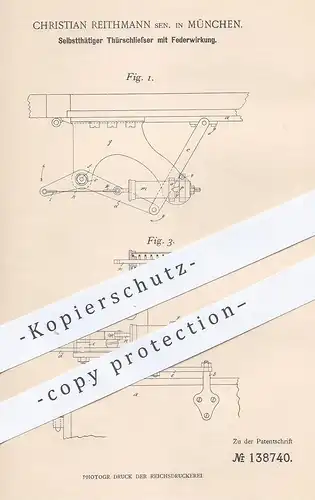 original Patent - Christian Reithmann , München , 1902 , Türschließer mit Federwirkung | Tür , Fenster , Fensterbauer