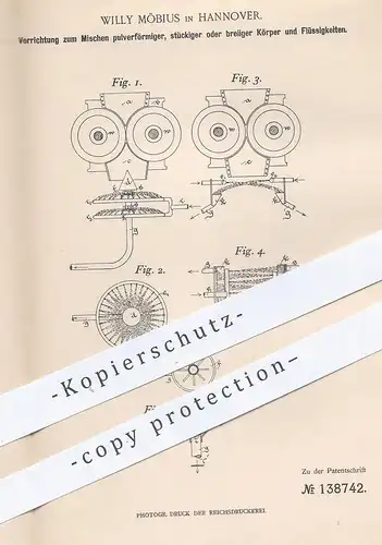 original Patent - Willy Möbius , Hannover , 1901 , Mischen von Pulver , Flüssigkeit | Sieb , Sieben , Mühle , Mühlen