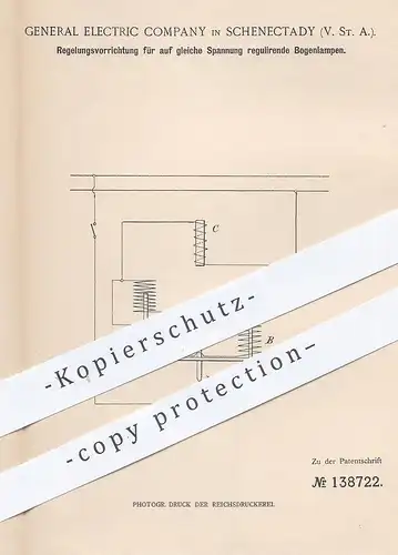 original Patent - General Electric Company , Schenectady , USA 1901 , Regelung für auf Spannung regulierende Bogenlampe