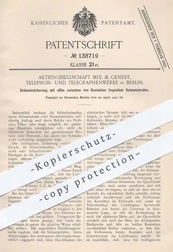 original Patent - AG Mix & Genest , Telephon- u. Telegraphenwerke Berlin , 1902 , Schmelzsicherung | Telefon , Telegraph