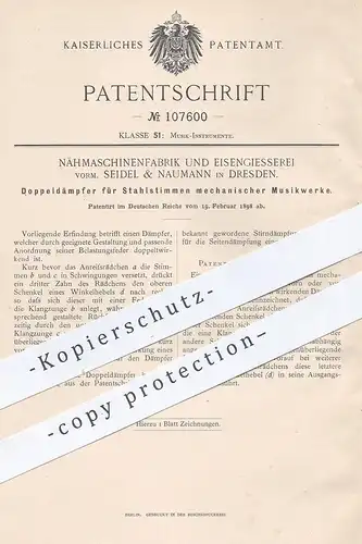 original Patent - Nähmaschinenfabrik & Eisengießerei | Seidel & Naumann , Dresden , Stahlstimmen - Dämpfer für Musikwerk