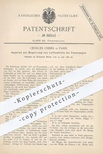 original Patent - Georges Criner , Paris , 1886 , Regulierung der Luftzufuhr bei Feuerungen | Feuerung , Ofen , Heizung