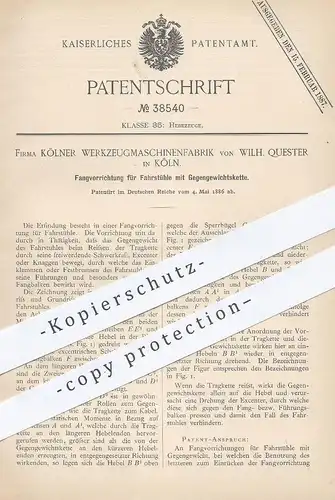 original Patent - Kölner Werkzeugmaschinenfabrik Wilh. Quester , Köln , 1886 , Fahrstuhl auffangen per Gegengewicht !!