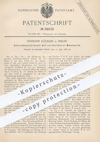 original Patent - Hermann Köckler , Berlin , 1886 , Schraubenschlüssel mit stellbarer Maulweite | Werkzeug , Schlosser