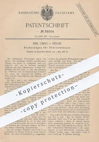 original Patent - Emil Ubrig , Berlin , 1886 , Sicherung für Türschloss | Tür - Schloss | Schlosser , Türdrücker !!