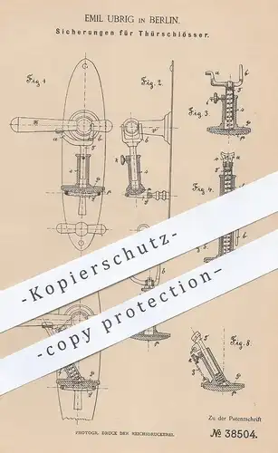 original Patent - Emil Ubrig , Berlin , 1886 , Sicherung für Türschloss | Tür - Schloss | Schlosser , Türdrücker !!
