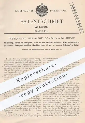 original Patent - The Rowland Telegraphic Company , Baltimore , 1901 , periodischer Gleichlauf zweier Maschinen | Strom