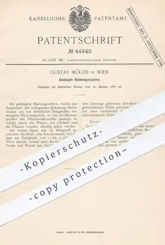 original Patent - Gustav Müller , Wien , 1888 , Blumengeschirre mit Dünger | Erde , Ton , Torf , Gärtner , Garten , Dung