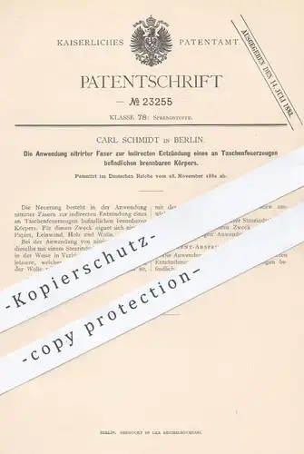 original Patent - Carl Schmidt , Berlin , 1882 , nitrierte Faser zur Entzündung von Taschenfeuerzeug | Feuerzeug