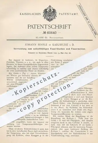 original Patent - Johann Bihrle , Karlsruhe , 1891 , Feuerlöscher u. Feuermelder | Feuerwehr , Feuer , Feuerwehrmann !!