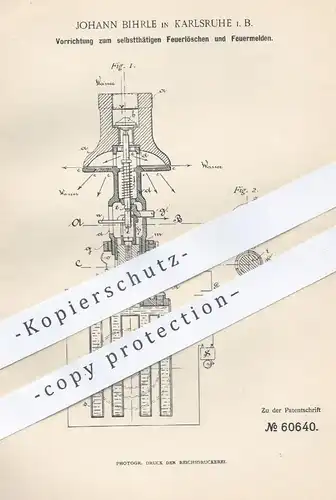 original Patent - Johann Bihrle , Karlsruhe , 1891 , Feuerlöscher u. Feuermelder | Feuerwehr , Feuer , Feuerwehrmann !!