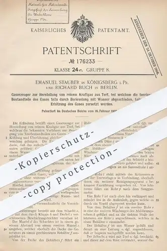 original Patent - Emanuel Stauber , Königsberg | Richard Buch , Berlin , 1905 , Gaserzeuger für Kraftgas aus Torf | Gas