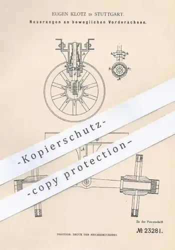 original Patent - Eugen Klotz , Stuttgart , 1882 , bewegliche Vorderachsen | Achse , Achsen , Kutsche , Wagen , Auto