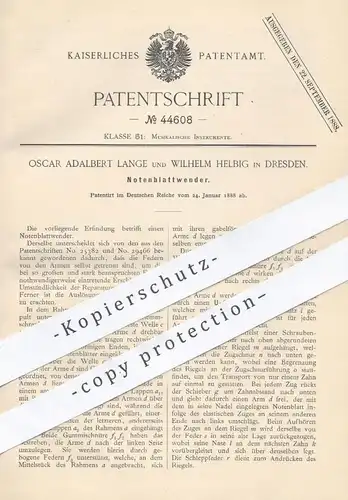 original Patent - Oscar Adalbert Lange , Wilhelm Helbig , Dresden , 1888 , Notenblattwender | Notenblatt Wender , Musik