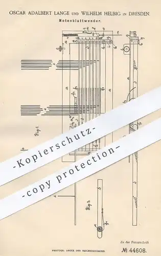 original Patent - Oscar Adalbert Lange , Wilhelm Helbig , Dresden , 1888 , Notenblattwender | Notenblatt Wender , Musik