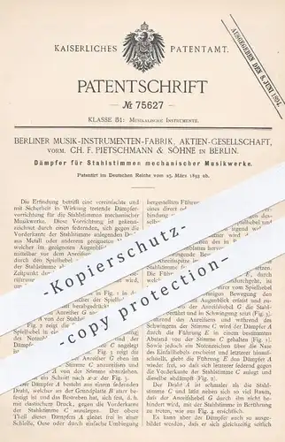 original Patent -  Musikinstrumenten-Fabrik AG | Pietschmann & Söhne , Berlin , 1893 , Dämpfer für Stahlstimmen | Musik