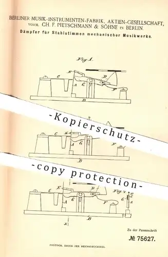 original Patent -  Musikinstrumenten-Fabrik AG | Pietschmann & Söhne , Berlin , 1893 , Dämpfer für Stahlstimmen | Musik