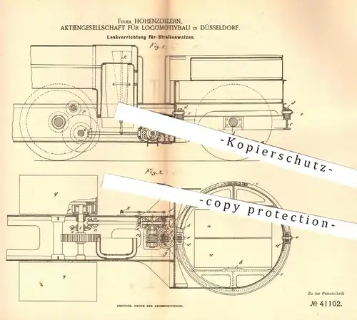 original Patent - Hohenzollern AG für Lokomotivbau , Düsseldorf , 1887 , Lenkung für Straßenwalze | Walze für Straßenbau