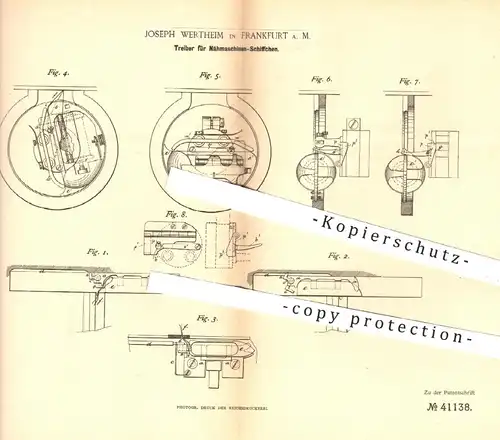 original Patent - Joseph Wertheim , Frankfurt , 1887 , Treiber für Nähmaschinen - Schiffchen | Nähmaschine , Schneider