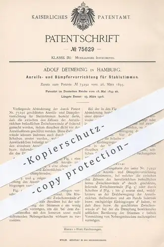 original Patent - Adolf Detmering , Hamburg , 1893 , Anreiß- u. Dämpfervorrichtung für Stahlstimmen | Musikinstrument !