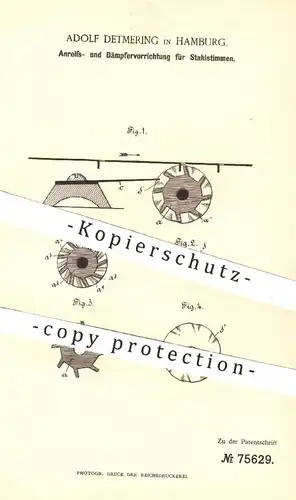 original Patent - Adolf Detmering , Hamburg , 1893 , Anreiß- u. Dämpfervorrichtung für Stahlstimmen | Musikinstrument !