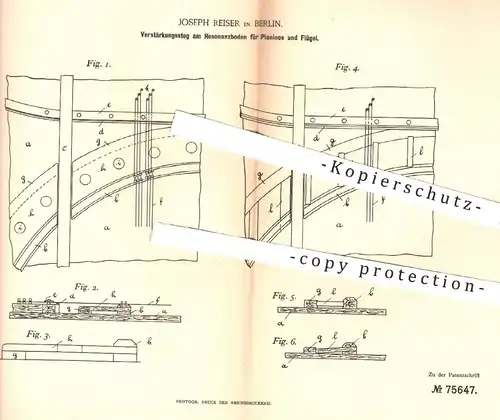 original Patent - Joseph Reiser , Berlin , 1893 , Resonanzboden für Pianino , Piano , Flügel , Klavier | Musikinstrument