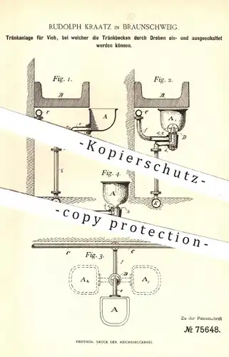 original Patent - Rudolph Kraatz , Braunschweig , 1893 , Tränkanlage für Vieh , Tiere | Tierzucht , Landwirtschaft !!