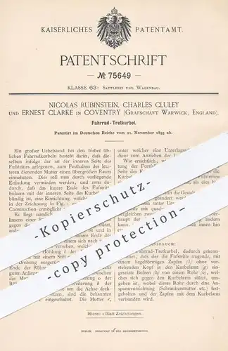 original Patent - Nicolas Rubinstein , Charles Cluley , Ernest Clarke , Coventry , Warwick , 1893 , Fahrrad - Tretkurbel