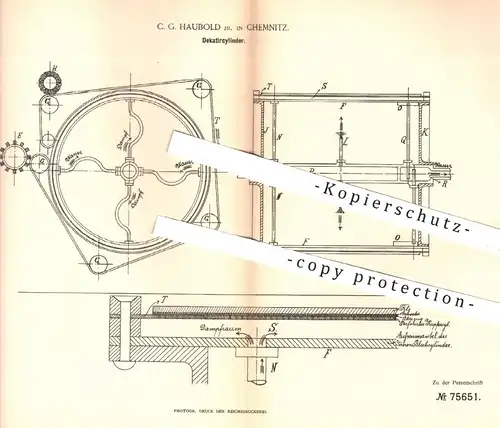 original Patent - C. G. Haubold , Chemnitz , 1893 , Dekatierzylinder | Dekatieren | Veredeln von Stoff , Textilien !!!