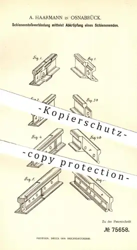 original Patent - A. Haarmann , Osnabrück , 1893 , Schienenstoßverbindung | Eisenbahn - Schienen | Eisenbahnen !!