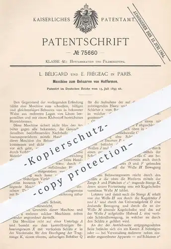 original Patent - L. Béligard , E. Frégeac , Paris , 1893 , Maschine zum Behaaren von Hutformen | Hut , Hüte , Modist !!