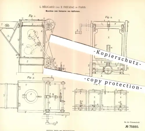 original Patent - L. Béligard , E. Frégeac , Paris , 1893 , Maschine zum Behaaren von Hutformen | Hut , Hüte , Modist !!