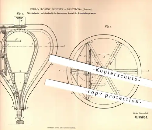 original Patent - Pedro Llorenz , Mestres , Barcelona Spanien , 1893 , Kreisel für Schausteller | Karussell | Jahrmarkt