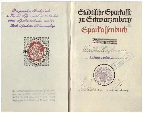 Sparbuch der Sparkasse in Schwarzenberg i. Erzgeb. , 1935 - 1944 , Ursula Haftmann , Bank !!!