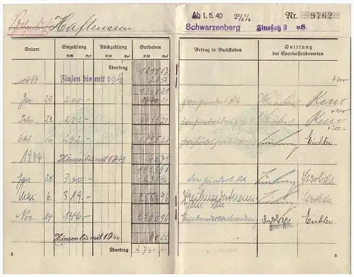 Sparbuch der Sparkasse in Schwarzenberg i. Erzgeb. , 1935 - 1944 , Ursula Haftmann , Bank !!!