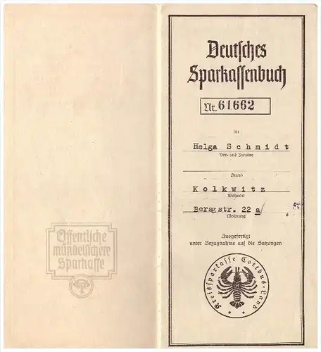 Sparbuch der Sparkasse in Cottbus , 1943 - 1945 , Helga Schmidt in Kolkwitz , Bank !!!